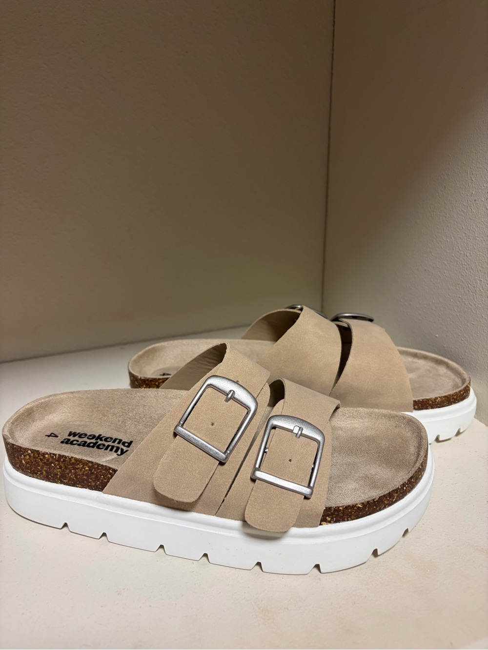 Beige Arizona style Buckle Platform Slide Sandals